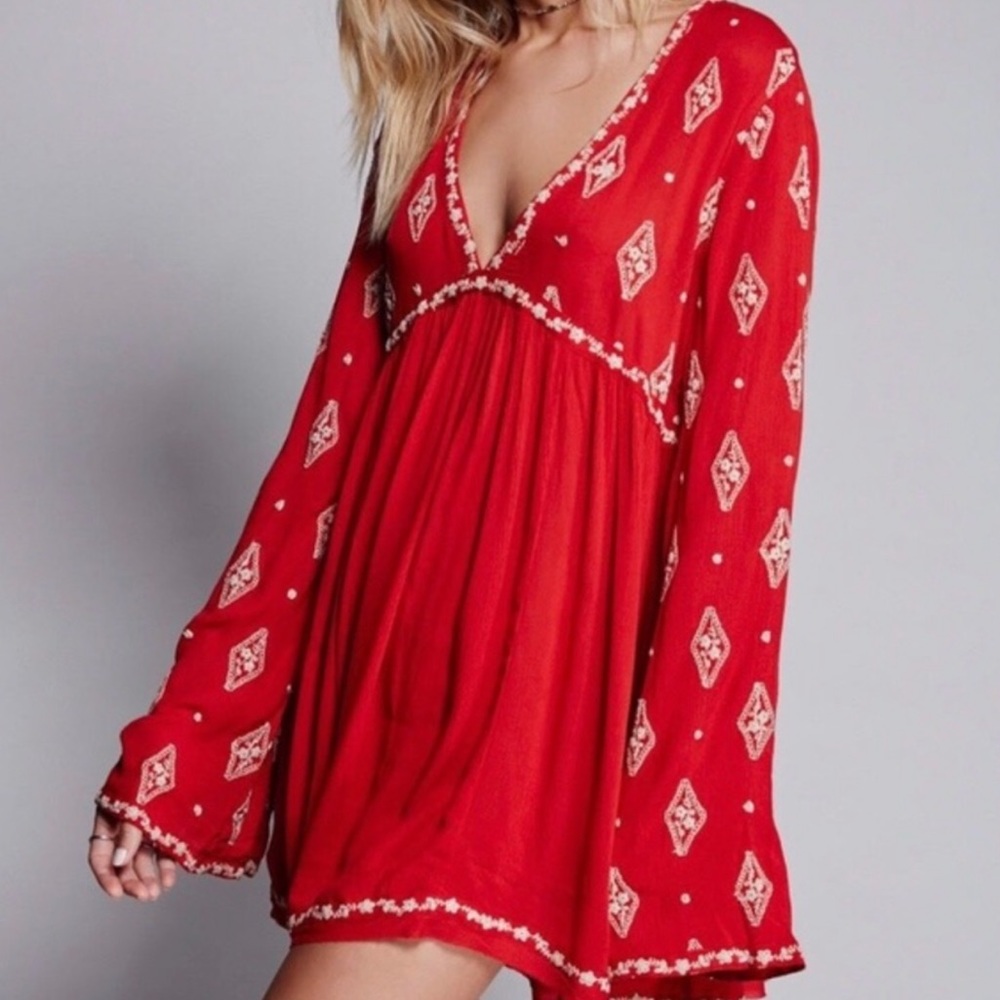 Free People Red Diamond Embroidered Tunic